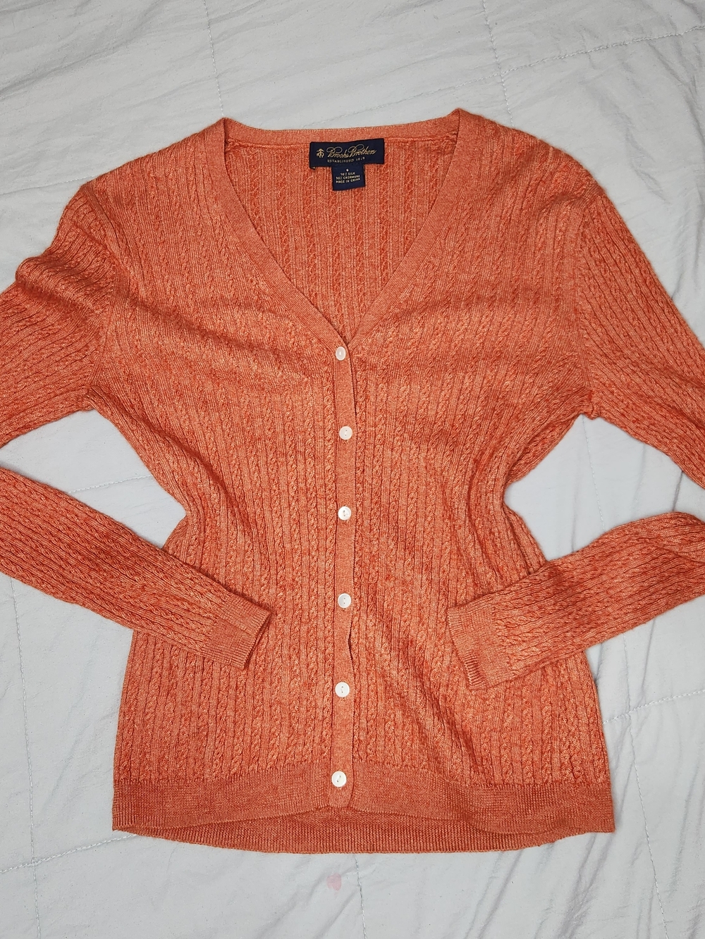 Brooks Brothers Women's Coral-Orange Cable Knit V-Neck Cardigan